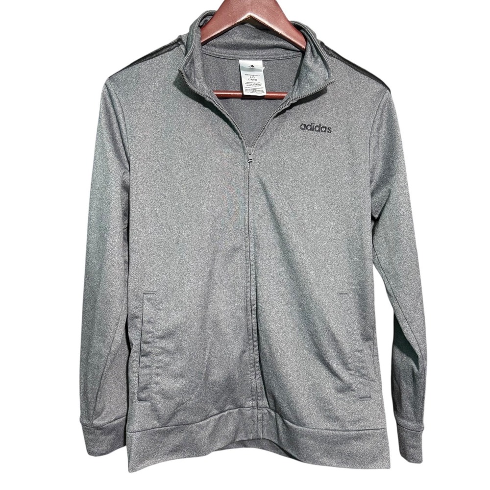 Adidas Sweater Youth Large Gray Full Zip 3 Stripe 14-16 Basketball Sports